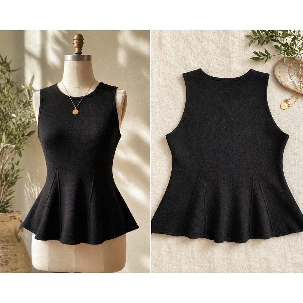 Sue P Knits Black Structured Knit Top Sleeveless Flare Hem USA Minimalist Medium